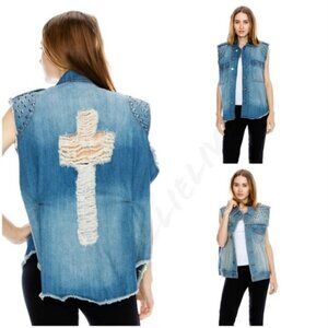 Mono B Distressed Studded Denim Vest Heavy Metal Rocker Chic One Size